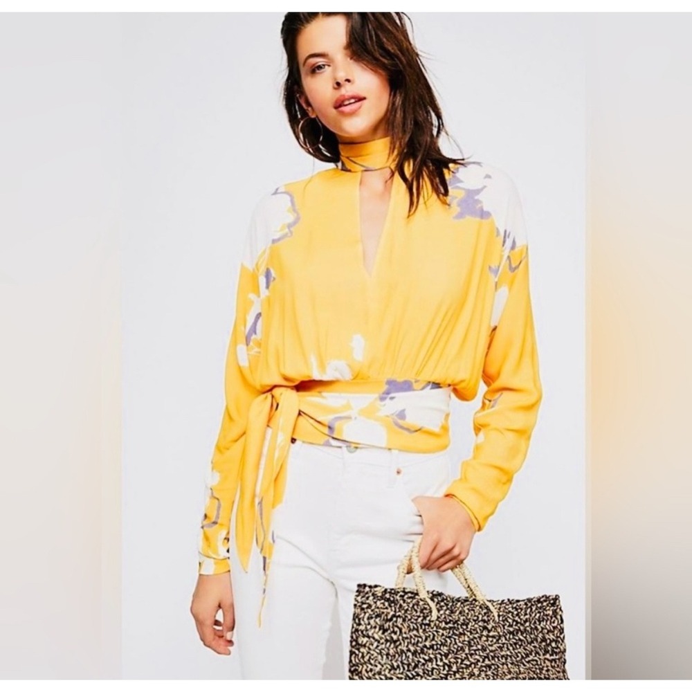 Free People Say You Love Me Yellow Floral Mock Neck Keyhole Wrap Blouse Small